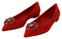 Thumbnail for Crystal Embellished Red Suede Flats