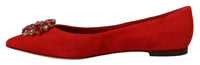 Thumbnail for Crystal Embellished Red Suede Flats