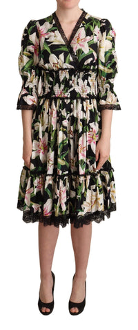 Thumbnail for Elegant Lily Print Midi Dress with Lace Trim