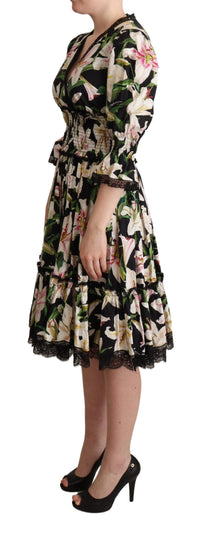 Thumbnail for Elegant Lily Print Midi Dress with Lace Trim