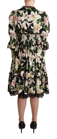 Thumbnail for Elegant Lily Print Midi Dress with Lace Trim