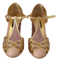 Thumbnail for Pink Gold Leather Crystal Pumps T-strap Shoes