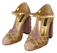 Thumbnail for Pink Gold Leather Crystal Pumps T-strap Shoes