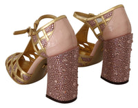 Thumbnail for Pink Gold Leather Crystal Pumps T-strap Shoes