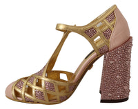 Thumbnail for Pink Gold Leather Crystal Pumps T-strap Shoes