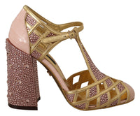 Thumbnail for Pink Gold Leather Crystal Pumps T-strap Shoes