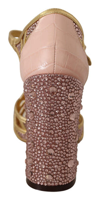 Thumbnail for Pink Gold Leather Crystal Pumps T-strap Shoes