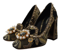 Thumbnail for Gold Crystal Square Toe Brocade Pumps Shoes