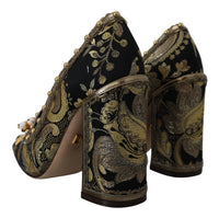 Thumbnail for Gold Crystal Square Toe Brocade Pumps Shoes