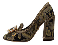 Thumbnail for Gold Crystal Square Toe Brocade Pumps Shoes