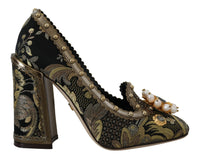 Thumbnail for Gold Crystal Square Toe Brocade Pumps Shoes