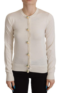 Thumbnail for White Silk Knit Rose Button Cardigan Sweater