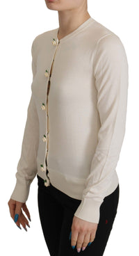 Thumbnail for White Silk Knit Rose Button Cardigan Sweater