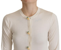 Thumbnail for White Silk Knit Rose Button Cardigan Sweater