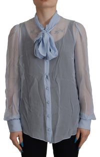 Thumbnail for Elegant Silk Ascot Collar Blouse in Light Blue