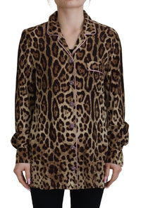 Thumbnail for Elegant Silk Leopard Print Collared Top