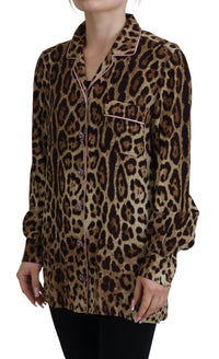 Thumbnail for Elegant Silk Leopard Print Collared Top