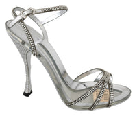 Thumbnail for Silver Leather Ankle Strap Sandals with Crystals