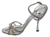 Thumbnail for Silver Leather Ankle Strap Sandals with Crystals
