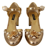 Thumbnail for Elegant Gold Leather Block Heels with Crystals