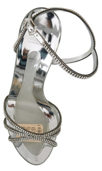 Thumbnail for Silver Leather Ankle Strap Sandals with Crystals