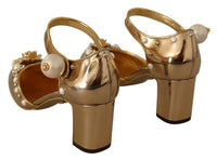 Thumbnail for Elegant Gold Leather Block Heels with Crystals