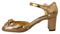 Thumbnail for Elegant Gold Leather Block Heels with Crystals