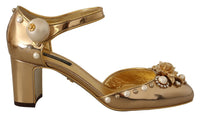 Thumbnail for Elegant Gold Leather Block Heels with Crystals