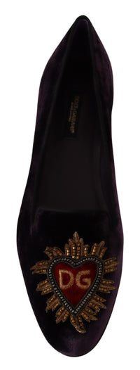 Thumbnail for Chic Purple Velvet Loafers with Heart Detail
