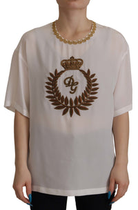 Thumbnail for Elegant Silk Blouse with Gold Crown Embroidery