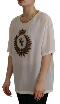 Thumbnail for Elegant Silk Blouse with Gold Crown Embroidery