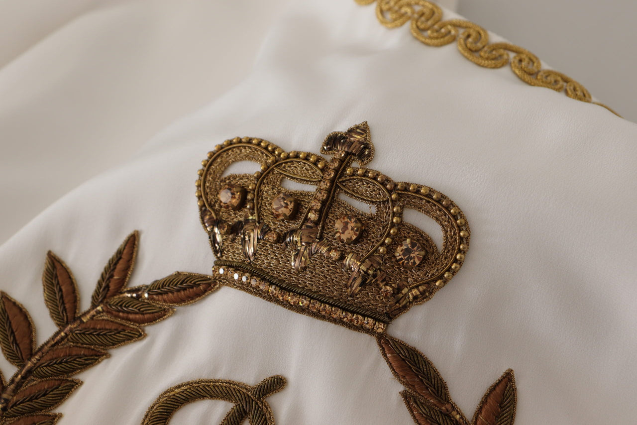 Elegant Silk Blouse with Gold Crown Embroidery