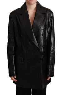 Thumbnail for Elegant Black Leather Double-Breasted Jacket