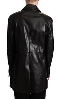 Thumbnail for Elegant Black Leather Double-Breasted Jacket