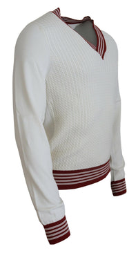 Thumbnail for White Red Knitted V-neck Pullover Sweater