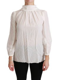 Thumbnail for Elegant White Silk Turtle Neck Blouse
