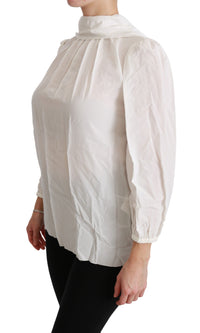 Thumbnail for Elegant White Silk Turtle Neck Blouse