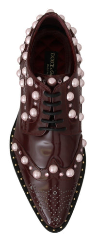 Thumbnail for Elegant Bordeaux Lace-Up Flats with Pearls and Crystals