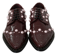 Thumbnail for Elegant Bordeaux Lace-Up Flats with Pearls and Crystals