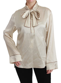 Thumbnail for Elegant Beige Silk Satin Blouse with QUEEN Embroidery