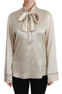 Thumbnail for Elegant Beige Silk Satin Blouse with QUEEN Embroidery