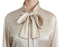 Thumbnail for Elegant Beige Silk Satin Blouse with QUEEN Embroidery