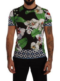 Thumbnail for Black Floral Print Crewneck T-shirt