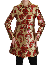 Thumbnail for Elegant Gold Floral Brocade Trench Coat