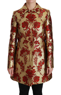 Thumbnail for Elegant Gold Floral Brocade Trench Coat