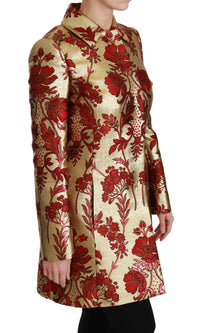 Thumbnail for Elegant Gold Floral Brocade Trench Coat