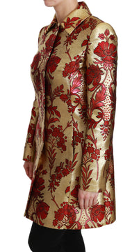 Thumbnail for Elegant Gold Floral Brocade Trench Coat