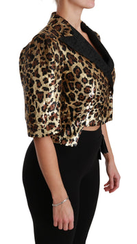 Thumbnail for Gold Leopard Print Short Sleeve Blazer