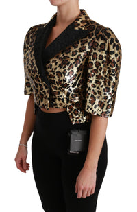 Thumbnail for Gold Leopard Print Short Sleeve Blazer