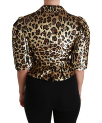 Thumbnail for Gold Leopard Print Short Sleeve Blazer